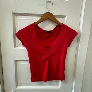 Brandy Melville Red Ruched V-Neck Short Sleeve Tee
